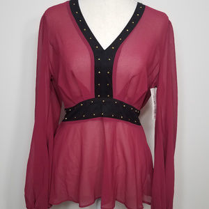 NWT Bisou Bisou Red Plum Sheer long sleeve shirt Blouse embellished Suede Small